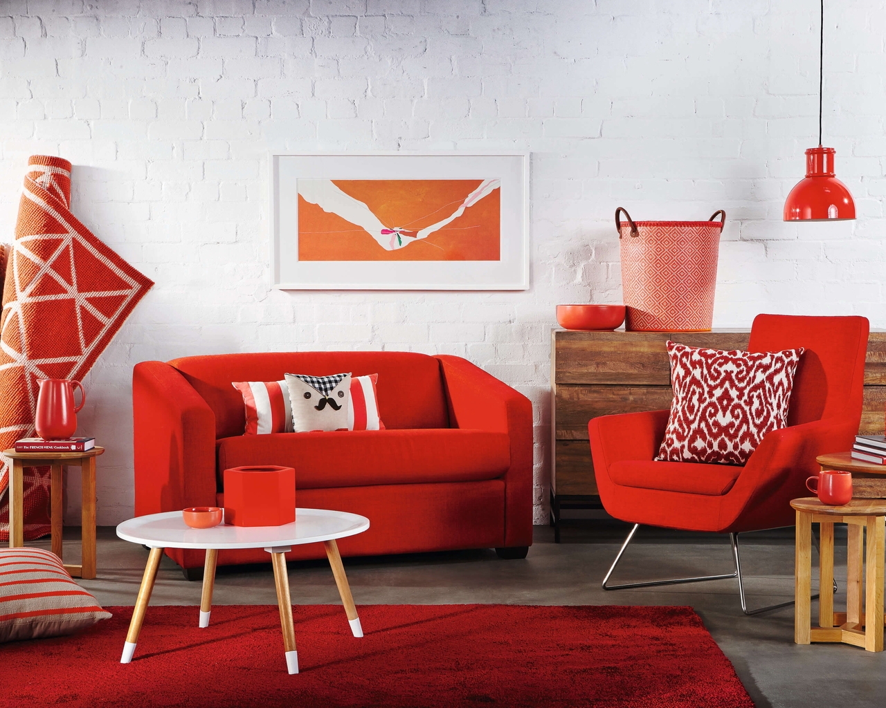 Image: Decor, room, red, color, interior, sofa, chair, pillow, picture, carpet, wall, brick