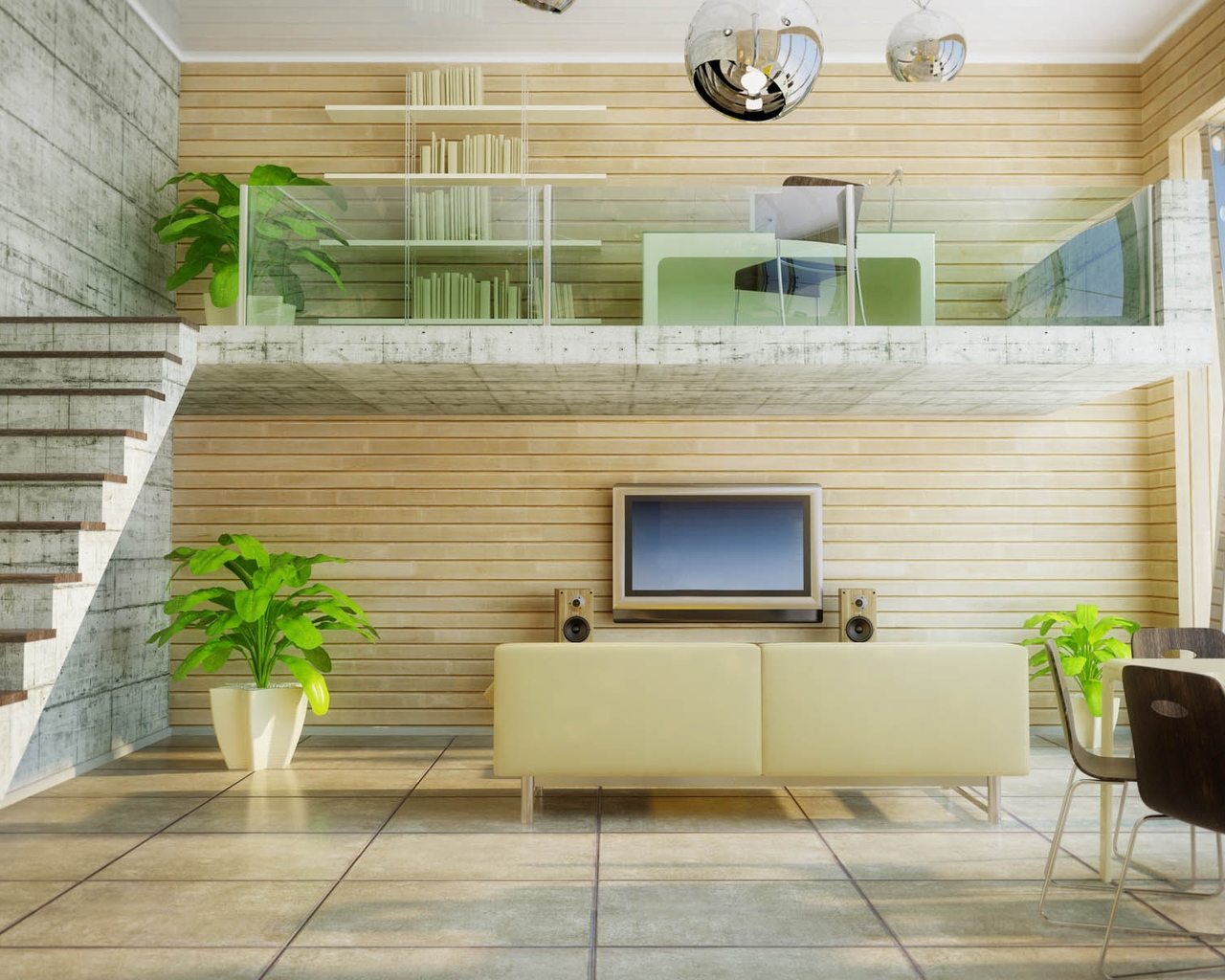 Image: Stairs, plants, sofa, chairs, shelves, TV, speakers, window