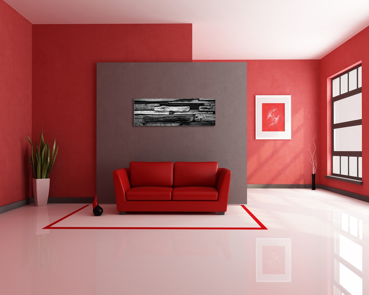 Картинка: Комната, диван, красный, светлая, стены, окна, цветок