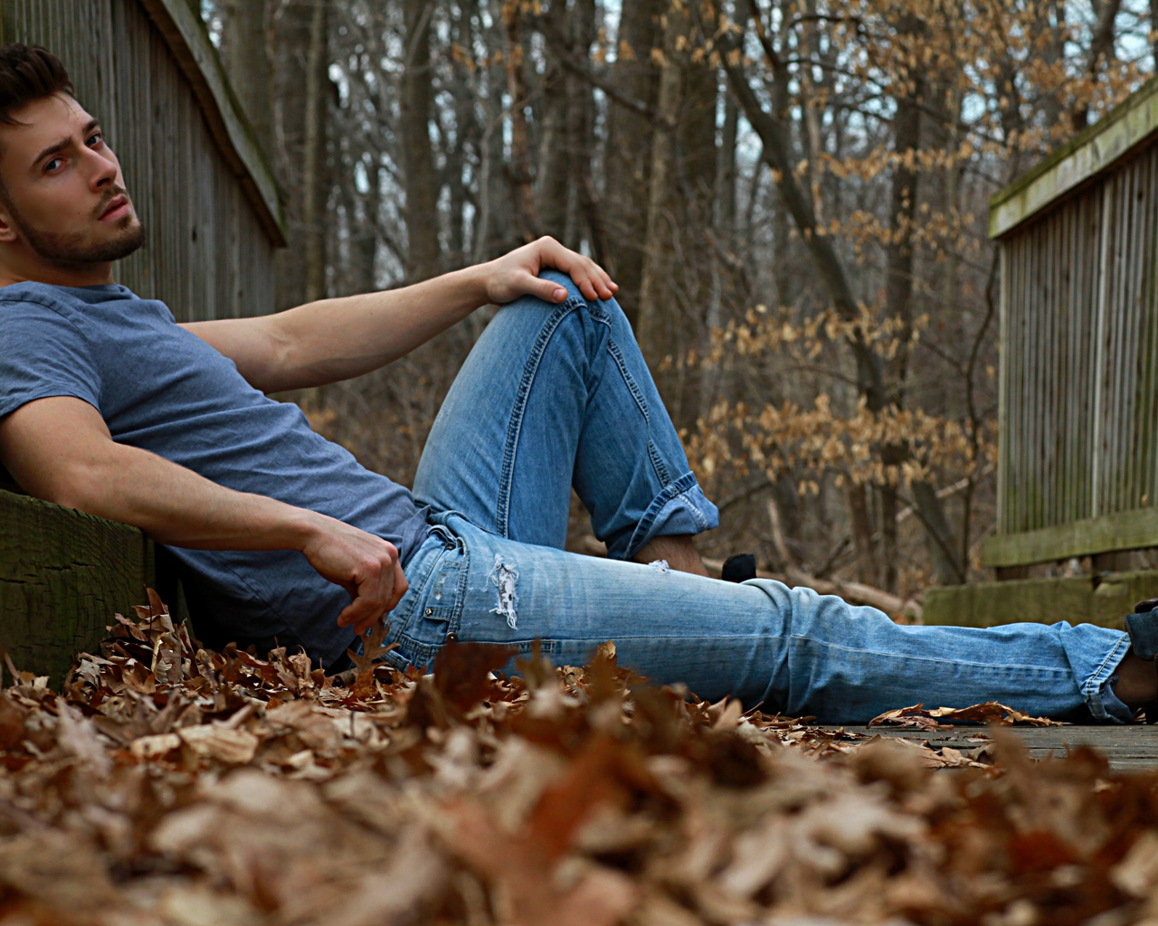 Image: Male, guy, face, lies, autumn, leaves, nature, relax, fencing