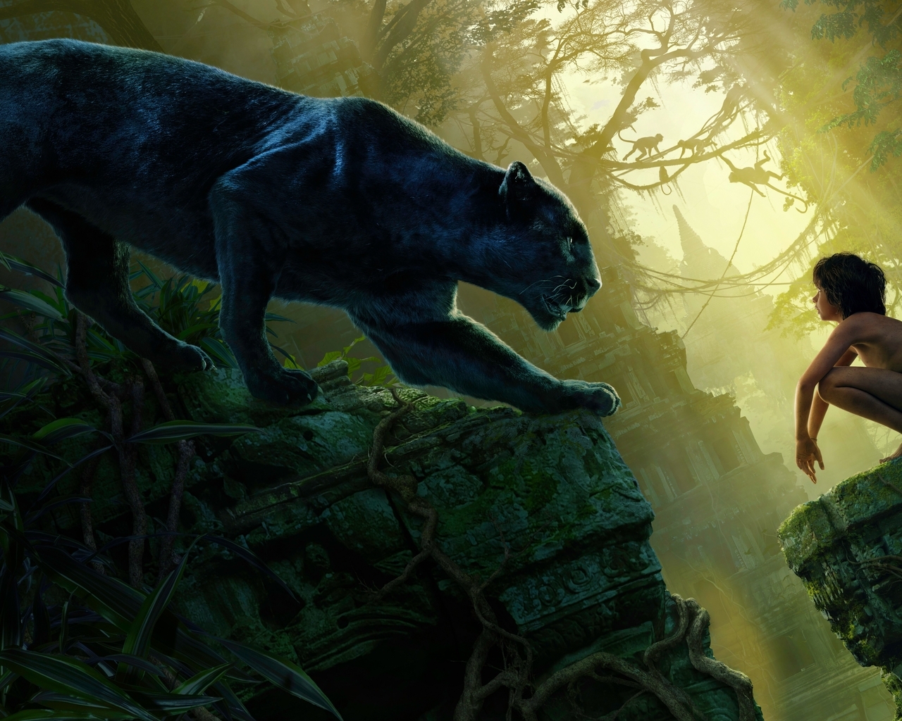 Image: Jungle Book, Mowgli, child, Bagheera, black Panther, predator, cat, ruins