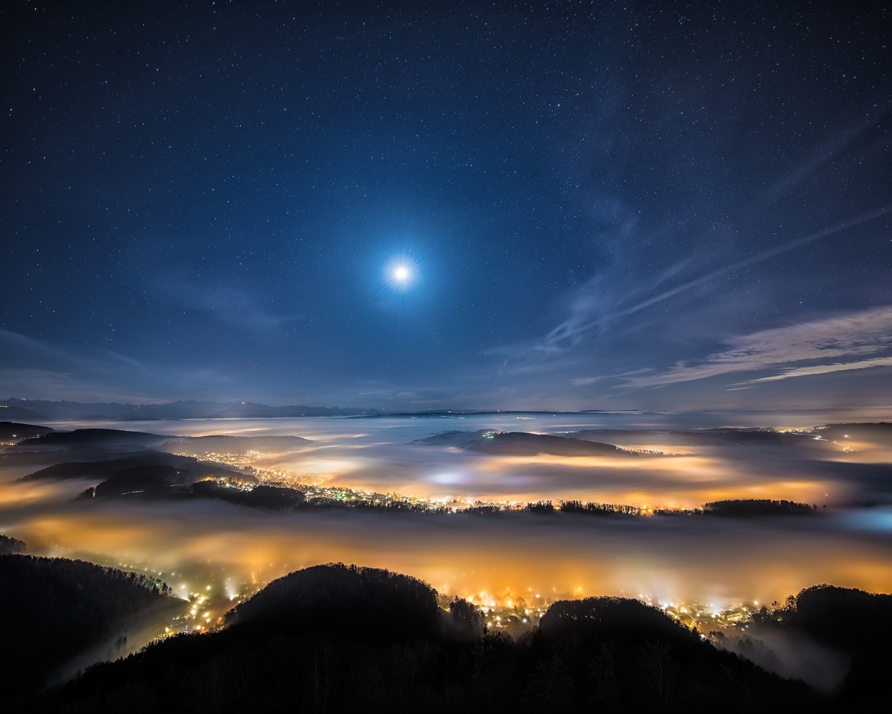 Image: Landscape, sky, night, light, stars, city, fog, lights, horizon, hills