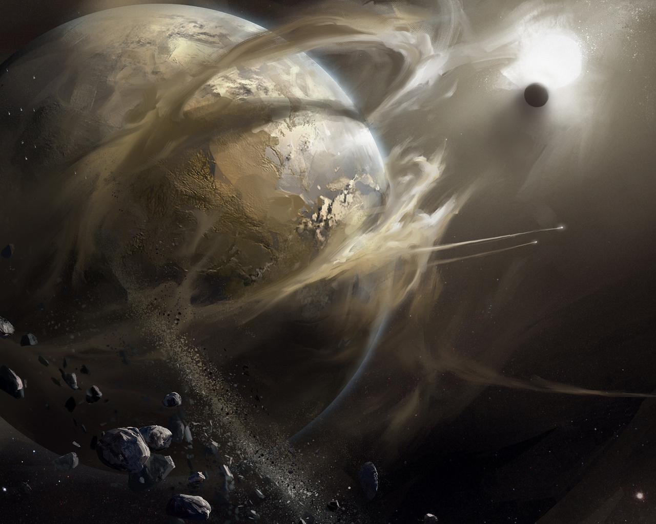 Картинка: Планеты, космос, пыль, звезда, камни, арт