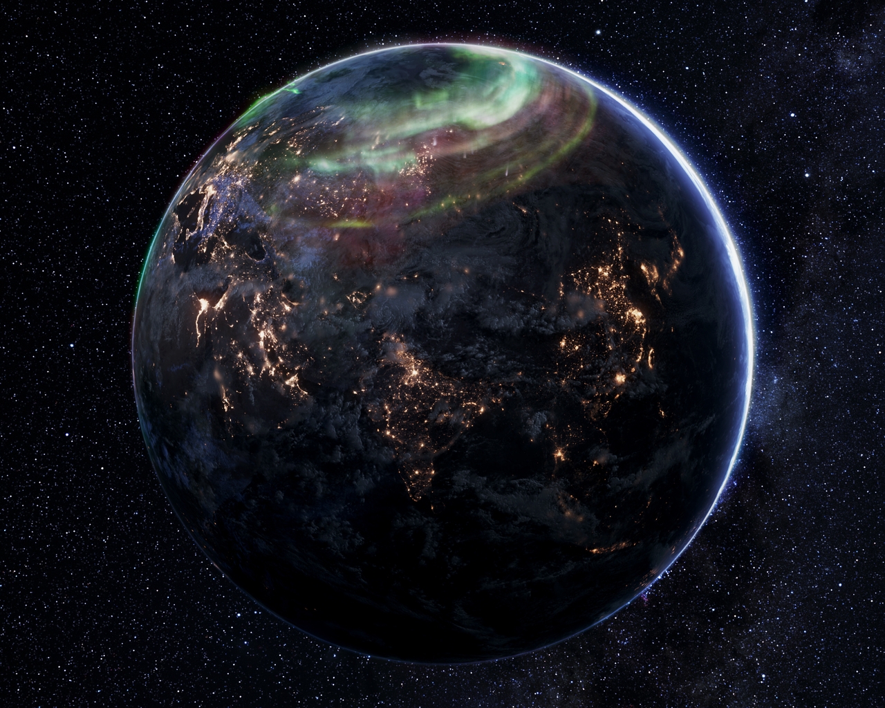 Картинка: Планета, космос, Земля, огни, полярное сияние, полюс, звёзды, свет