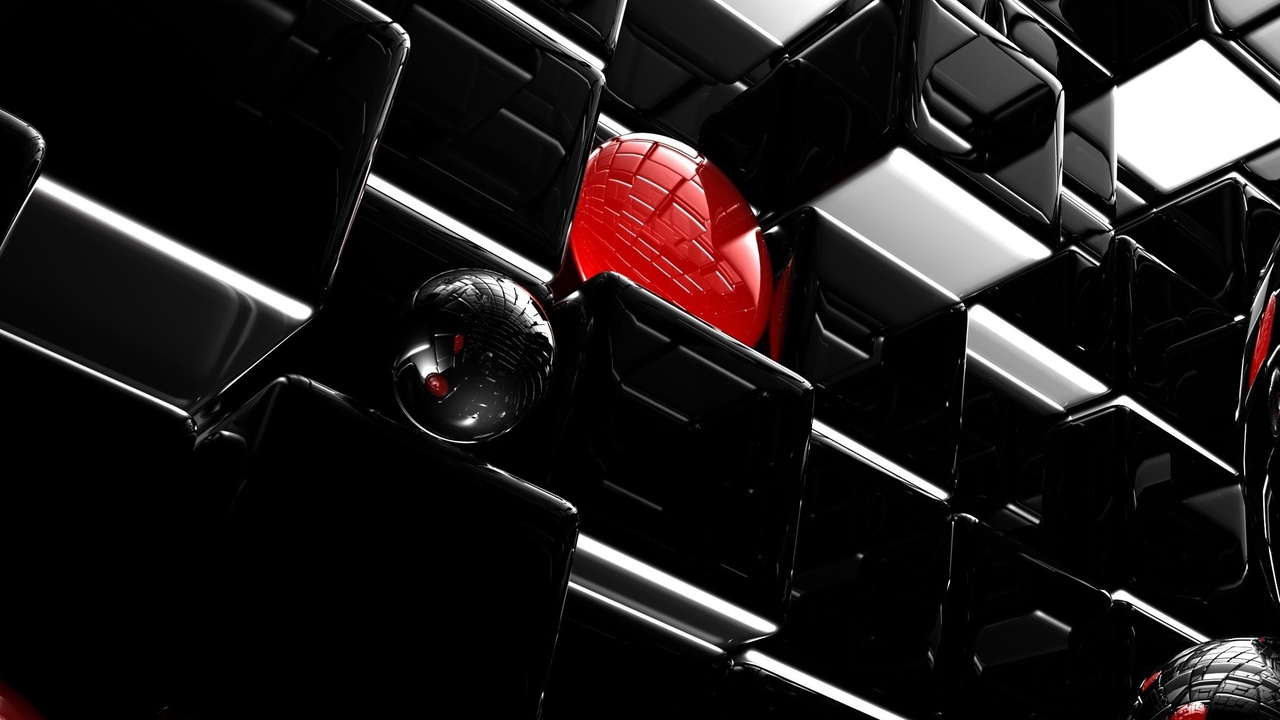 Картинка: Сферы, кубы, красный, чёрный, отражение, 3D