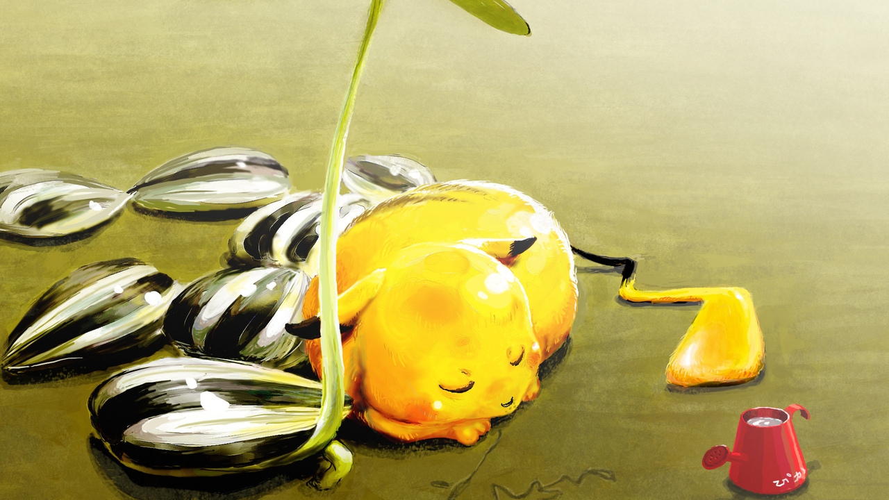 Image: Pokemon, Pikachu, sleeping, the seed, sprout, yellow, watering can, sand, picture