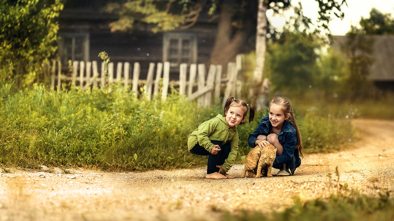 Image: Girl, cat, sit, walk, play, village, town, road, grass, trees, mood, joy, smile