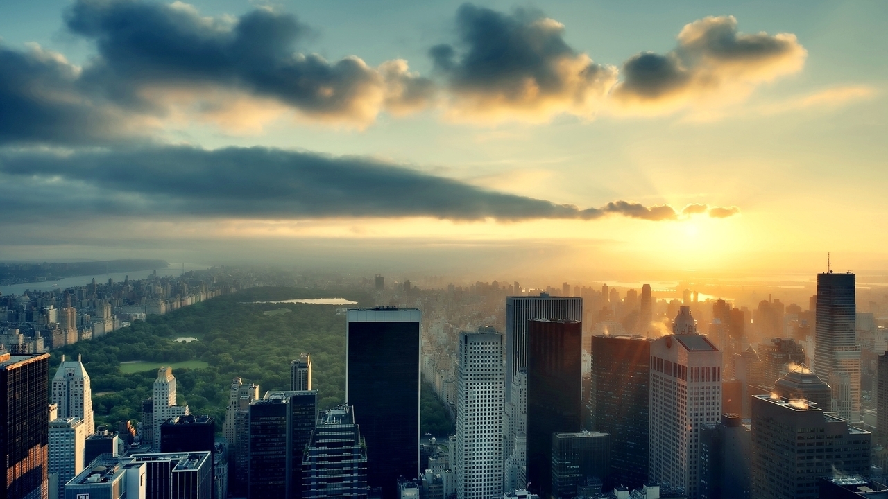 Картинка: Город, Нью-Йорк, небоскребы, небо, солнце, облака, центральный парк