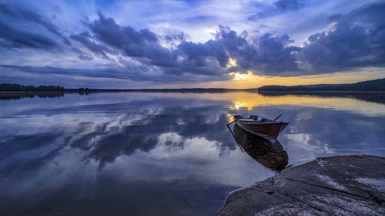 Image: nature, sunset, lake, boat, clouds