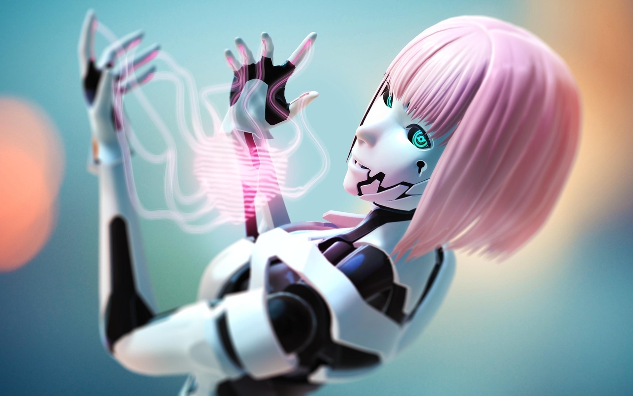 Image: Girl, robot, 3D, pink hair