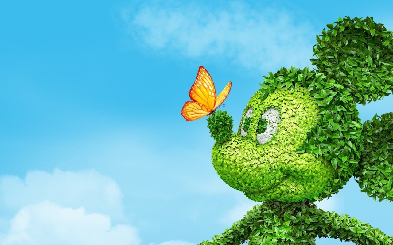 Картинка: Микки Маус, листья, бабочка, небо