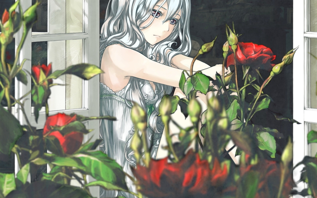 Картинка: Девушка, беловолосая, розы, окно, сидит, грусть