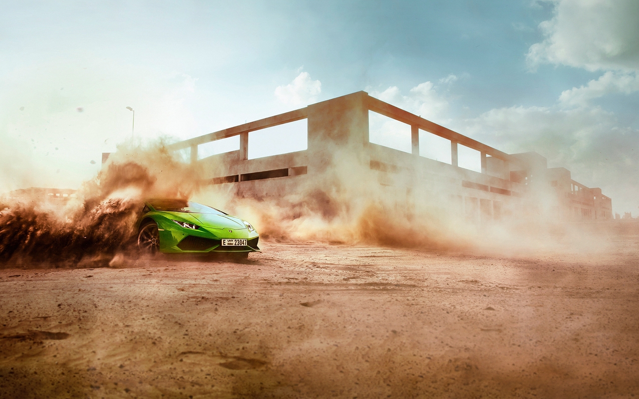 Картинка: Lamborghini, суперкар, пыль, скорость, здания, дрифт