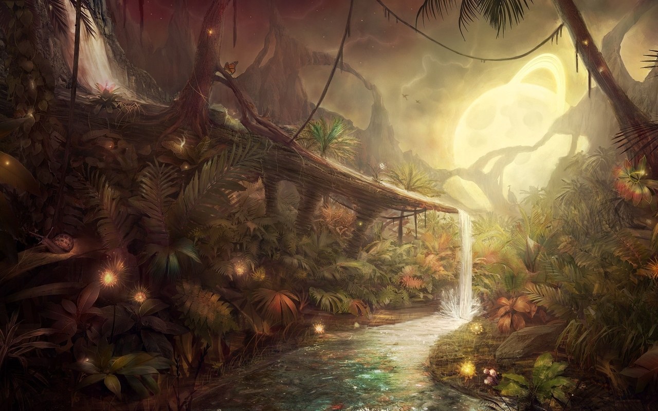 Image: Art, Avatar, Pandora, waterfall, stream, glowing ball, trees, jungle, insects, leaves