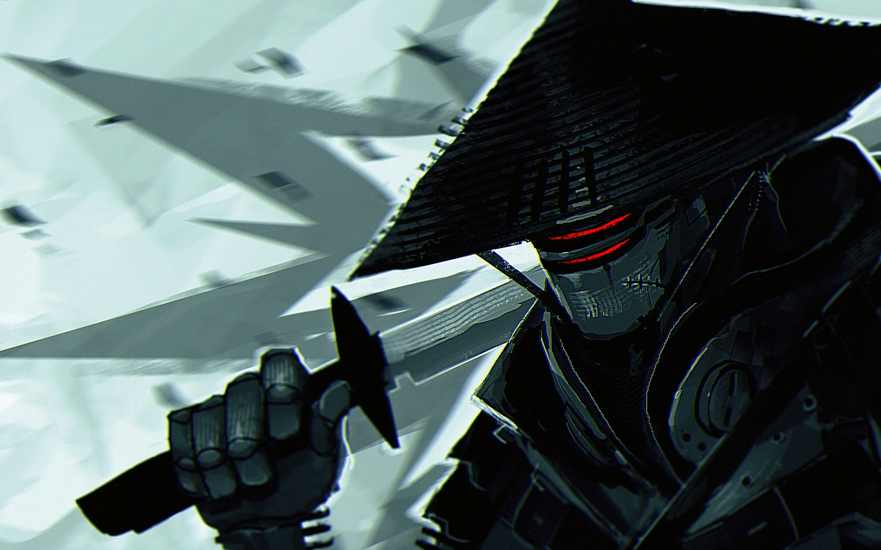 Картинка: Самурай, маска, головной убор, меч, кибер