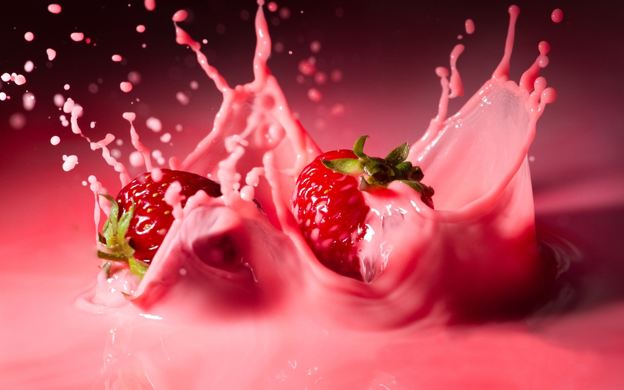 Картинка: Клубника, ягоды, йогурт, брызги, красный, розовый