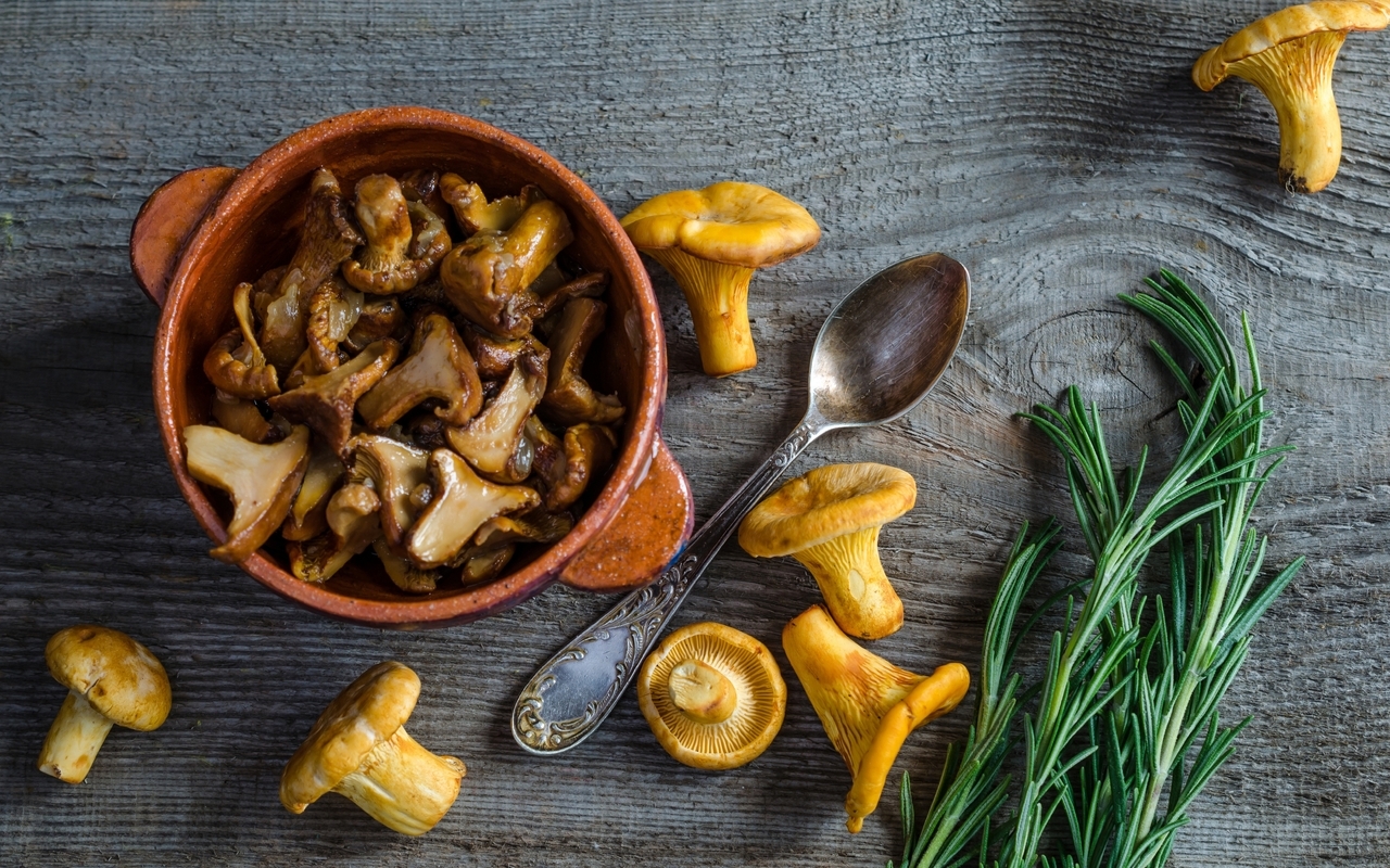 Image: Mushrooms, chanterelles, dill, spoon, pot