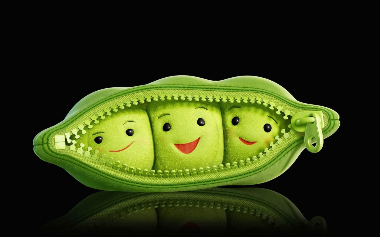 Image: Pea, peas, pod, lock, zipper, eyes, smile, reflection
