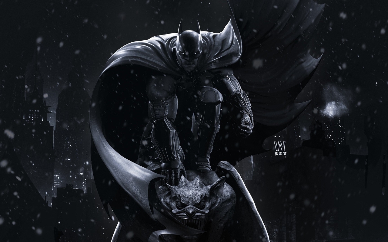 Картинка: Batman Arkham Origins, Batman, плащ, горгулья, ночь, город