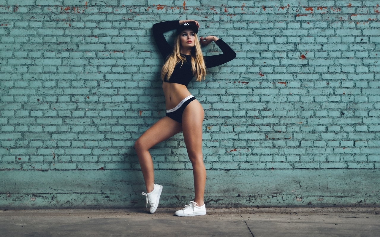 Image: Girl, posing, shoes, sport, brick wall