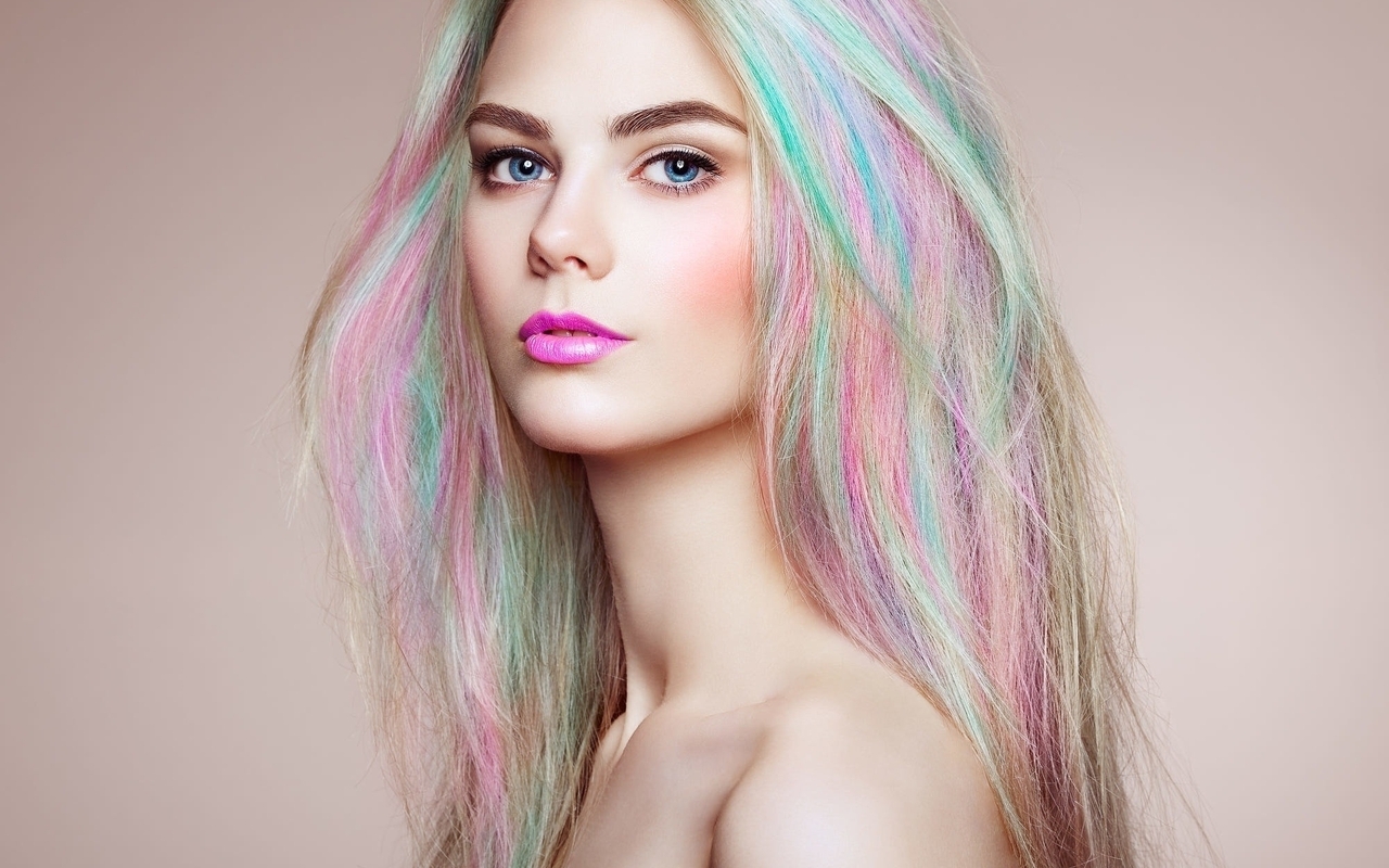 Image: Сolor, rainbow, hair, girl, blonde, face, eyes, makeup