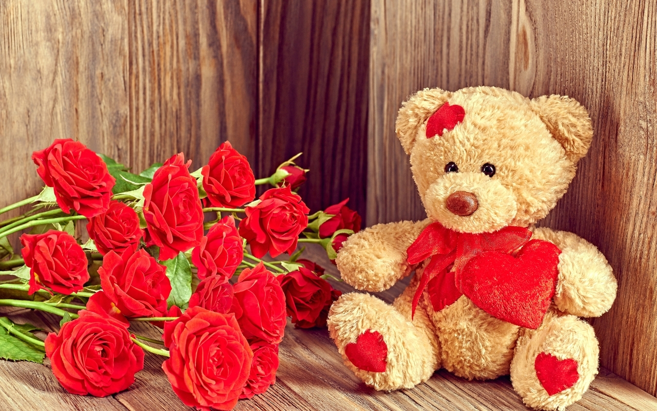 Картинка: Плюшевый, мишка, игрушка, мягкая, розы, цветы, красные, сердце, бантик, День Влюблённых, любовь