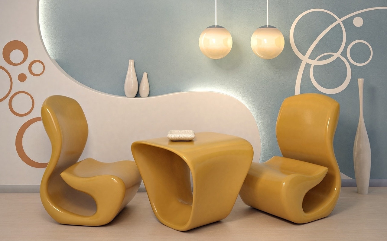 Image: Chandeliers, table, chairs, circles, decor, lighting, caramel color