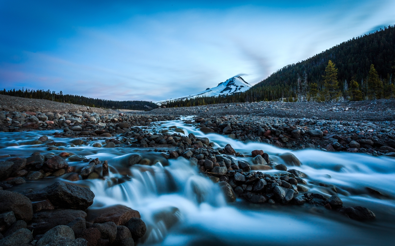 Image: Stones, water, flow, current, sky, mountains, forest