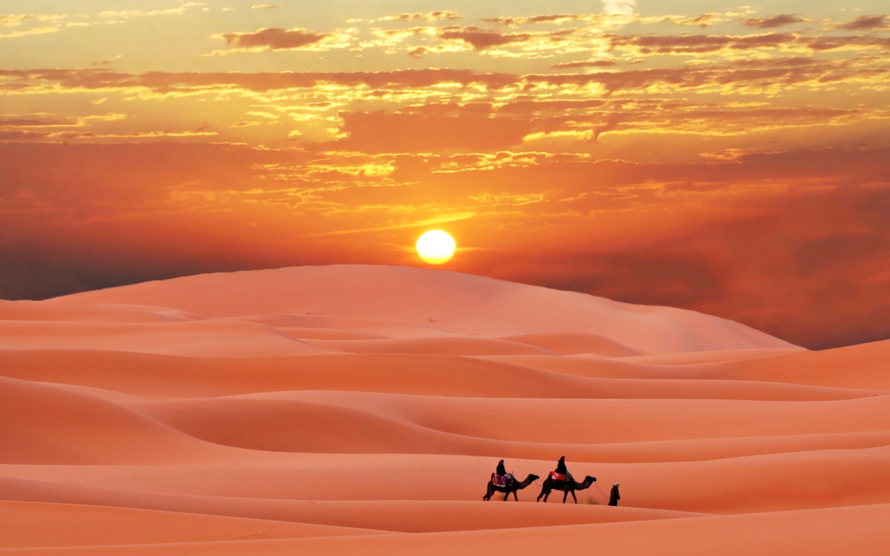 Картинка: Пустыня, пески, дюна, барханы, закат, небо, верблюды, всадники