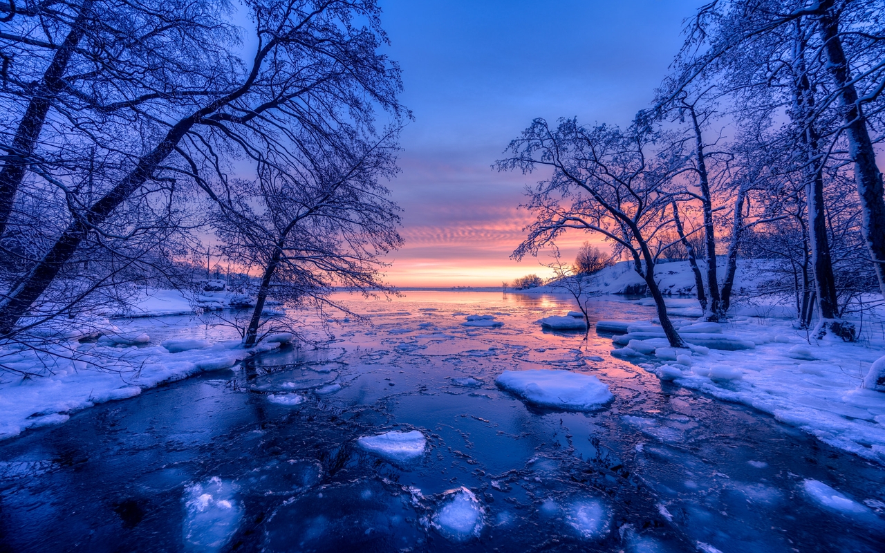 Картинка: Финляндия, зима, закат, водоём, озеро, снег, небо, рассвет, деревья, природа, пейзаж