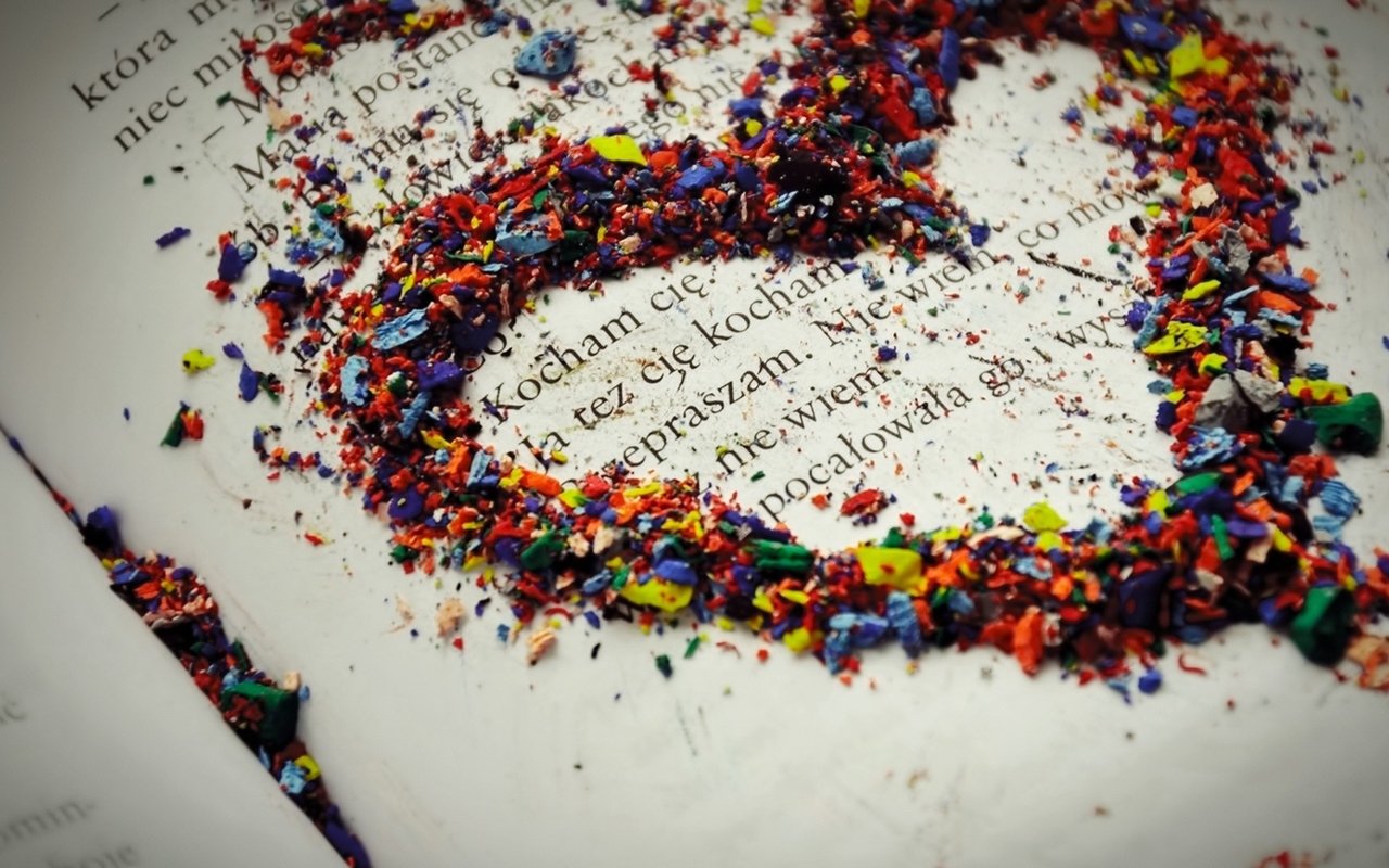 Image: Heart, sawdust, shavings, colored, book, letters