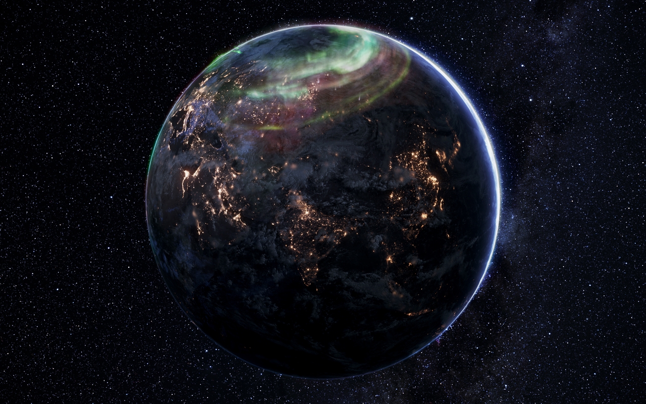 Картинка: Планета, космос, Земля, огни, полярное сияние, полюс, звёзды, свет