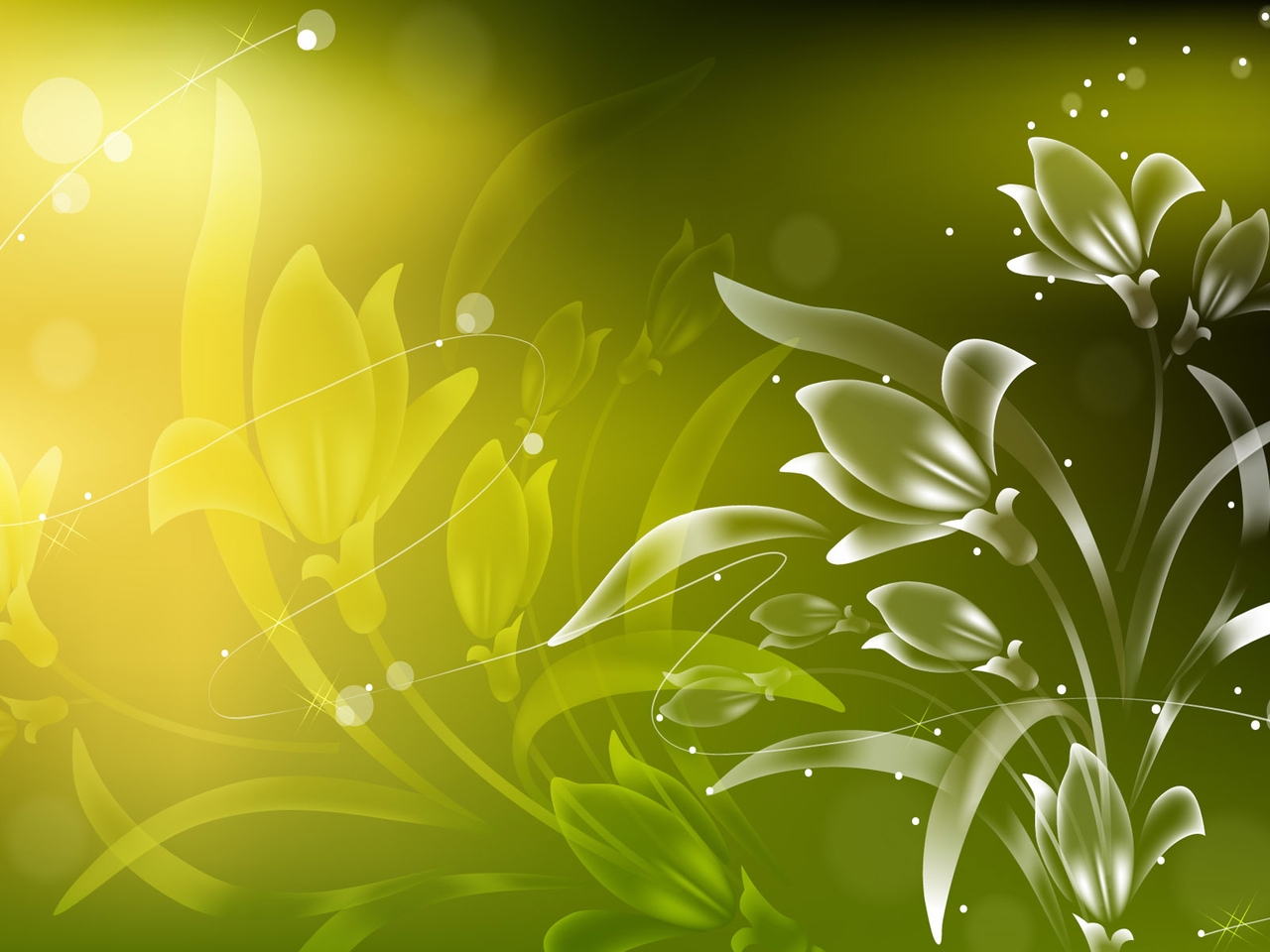 Image: Flowers, lines, swirls, green background, light