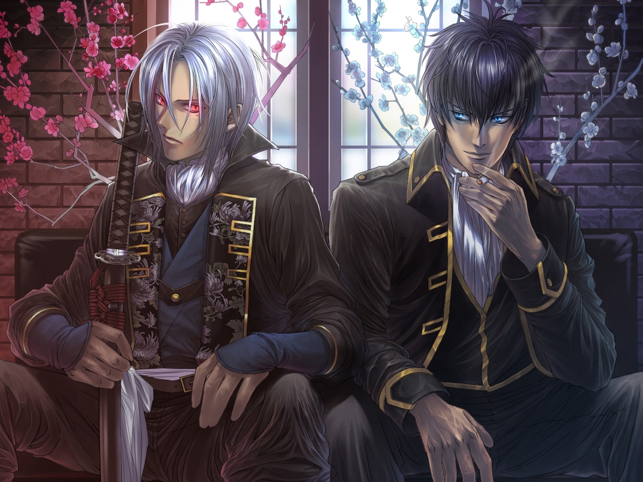 Image: Gintama, boys, Hijikata Toshizou, Hijikata Toushirou, sitting, sword, katana, Demons pale cherry, smoke, flowers, window