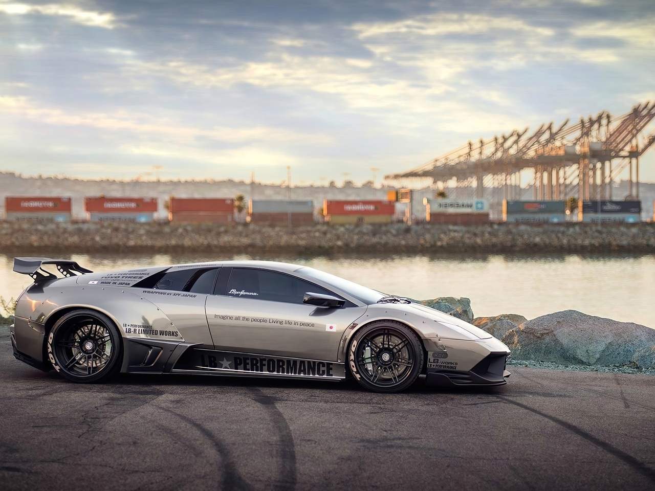 Image: Lamborghini, murcielago, LB Performance, supercar, water, port, traces, containers, cranes, sky