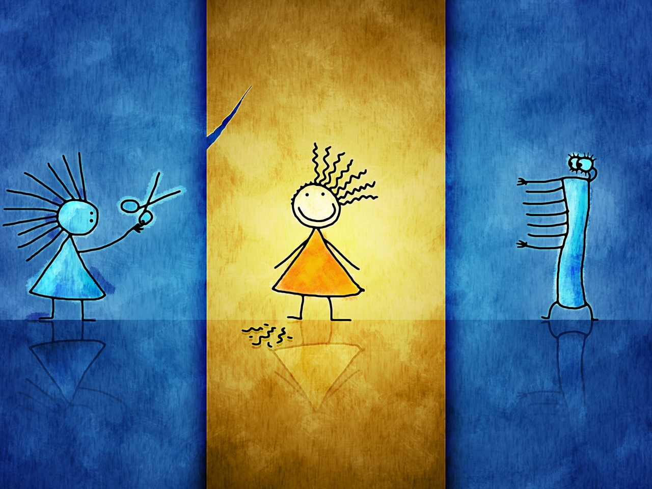 Картинка: Девочки, стрижка, ножницы, юбка, синий, жёлтый, лента, большеглазый