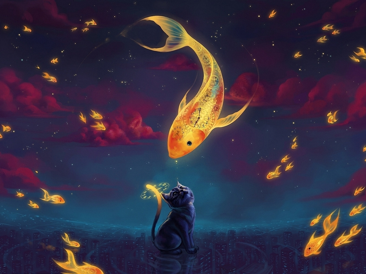 Картинка: Кот, рыбки, золотые, часы, облака, небо, здания