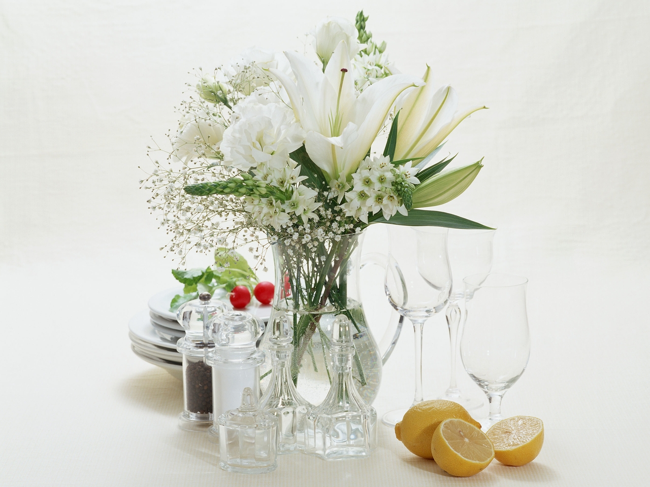 Image: Flowers, vase, tableware, wine glasses, lemon
