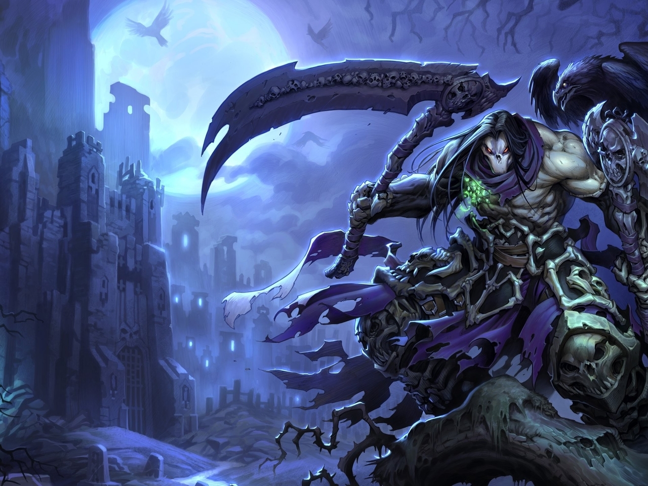 Image: Darksiders 2, Death, skull, scythes, crows, branches, castle, moon