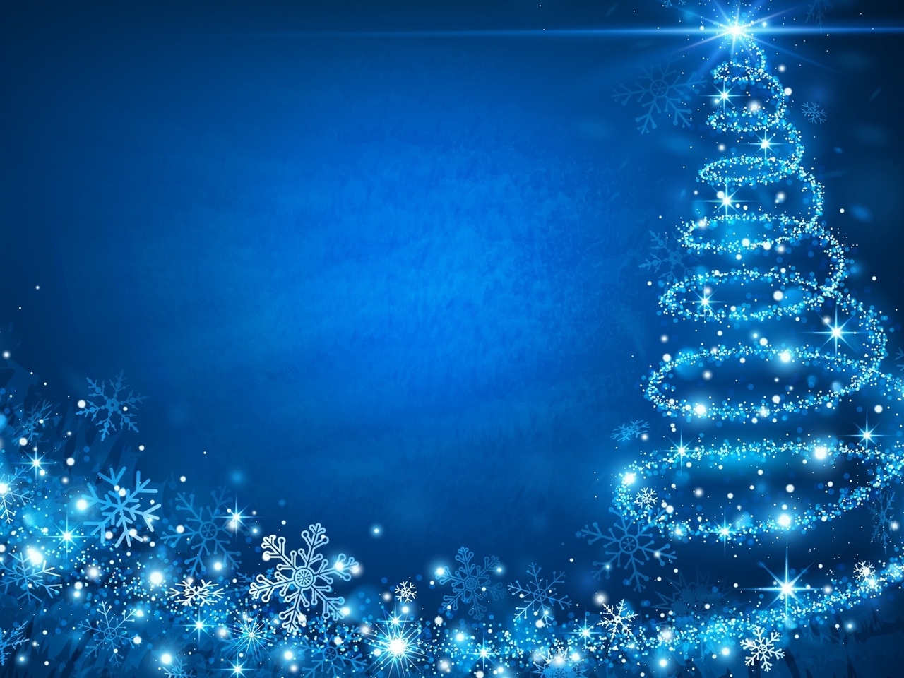 Картинка: Ёлочка, Новый год, синий фон, снежинки, звёздочки, мерцание, блики