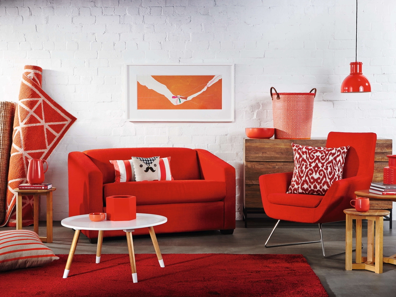 Image: Decor, room, red, color, interior, sofa, chair, pillow, picture, carpet, wall, brick