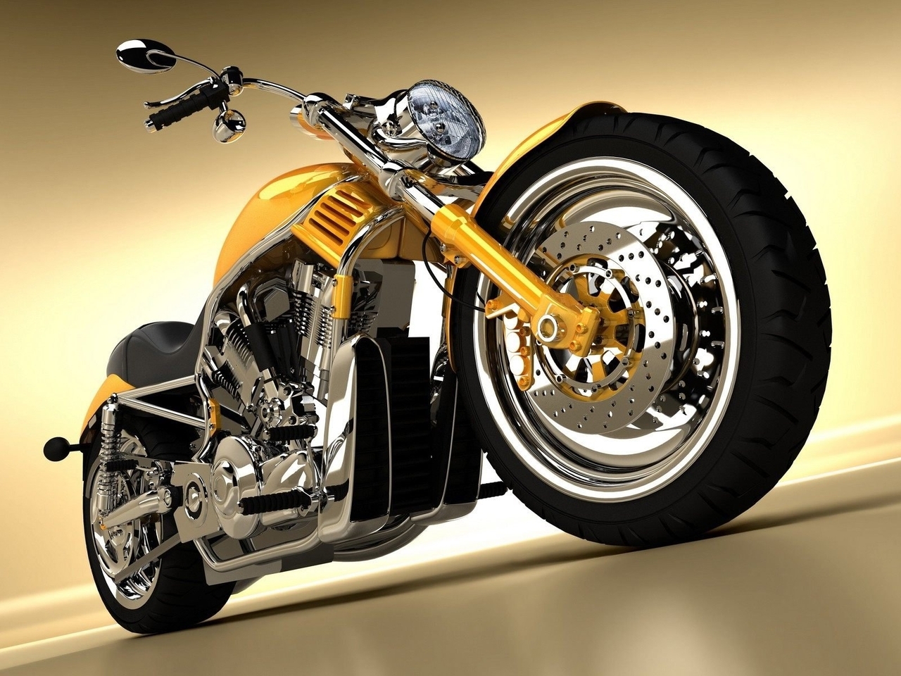 Картинка: Мотоцикл, Harley Davidson, жёлтый, литьё, колёса, руль, фара, зеркало