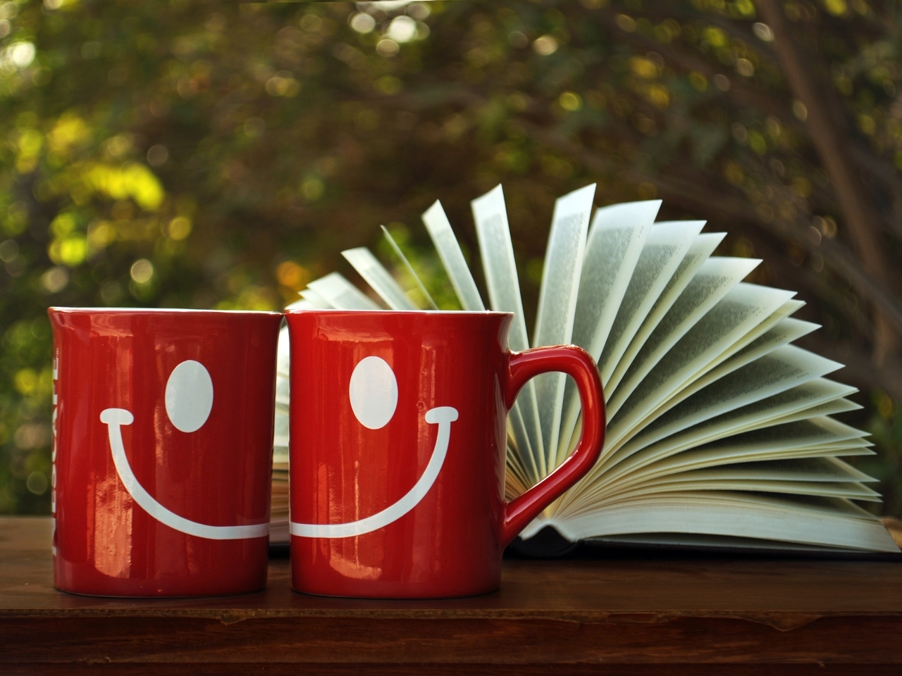Картинка: Кружки, улыбка, настроение, красный, книга, листы
