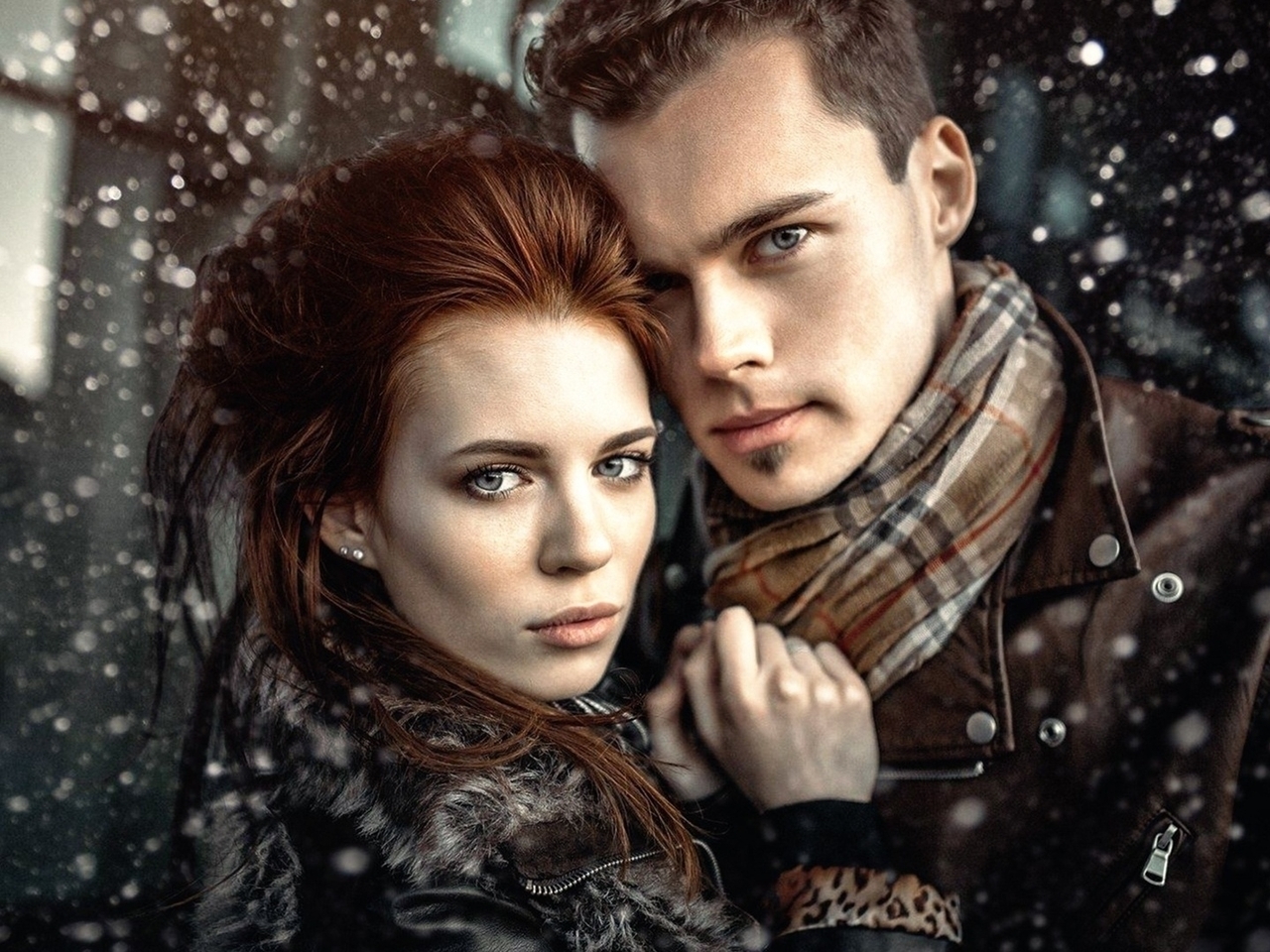 Картинка: Девушка, мужчина, взгляд, пара, снег, шарф