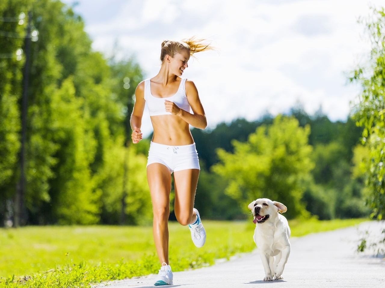 Image: Running, girl, dog, trees, park, morning