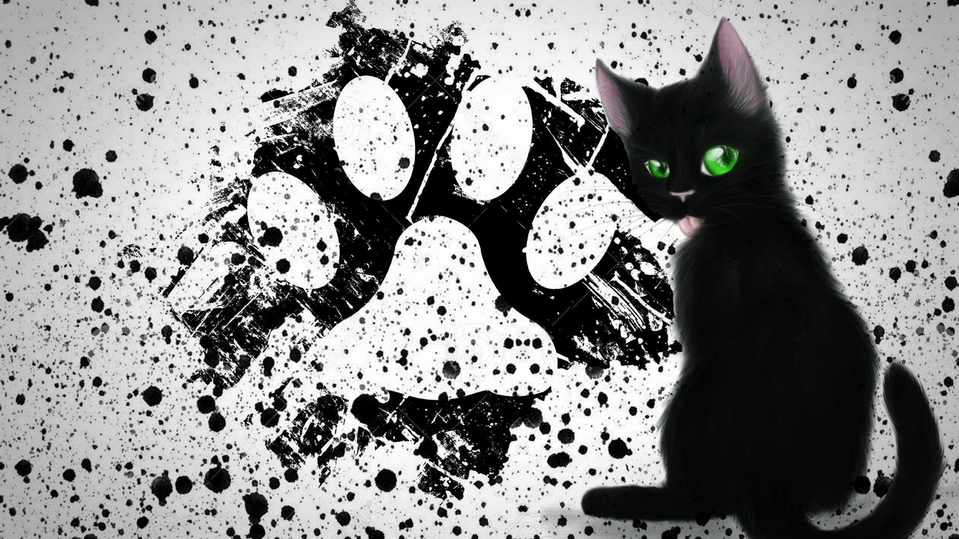 Картинка: След, чёрный, кляксы, глаза, зелёные, кот, кошка