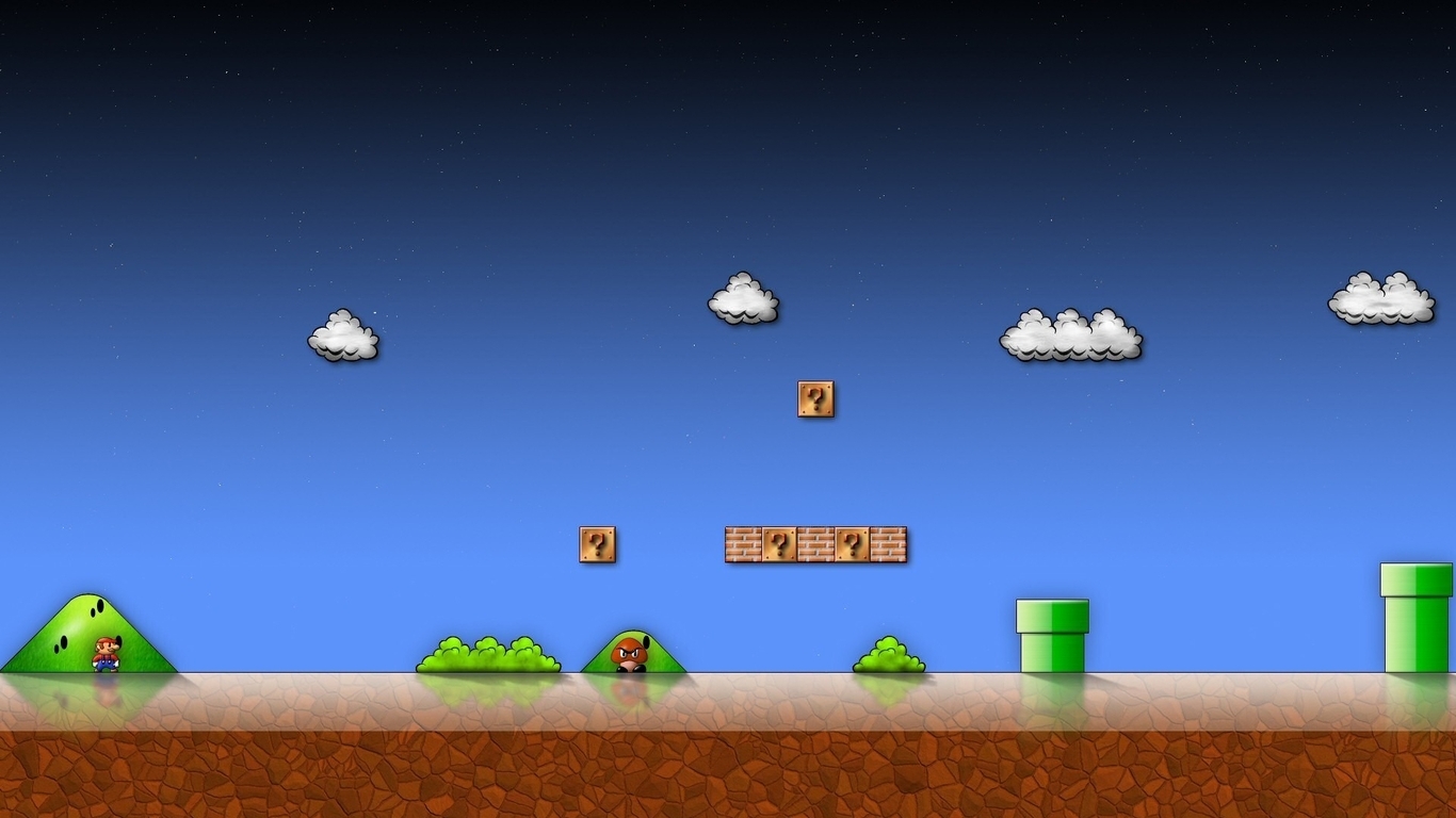 Image: Super Mario Bros, game, Gumba, enemy, pipes, sewage, questions, cloud, Mario, brothers
