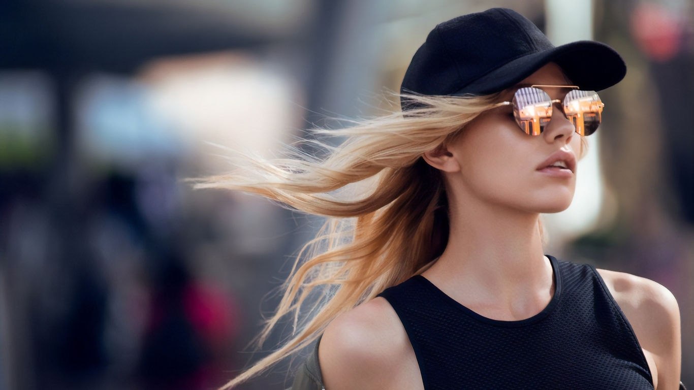 Image: Blonde, girl, hat, glasses, shirt, wind