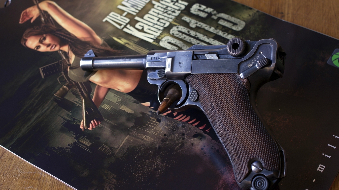 Картинка: luger p08 parabellum, пистолет, лежит, журнал, девушка, оружие, патрон