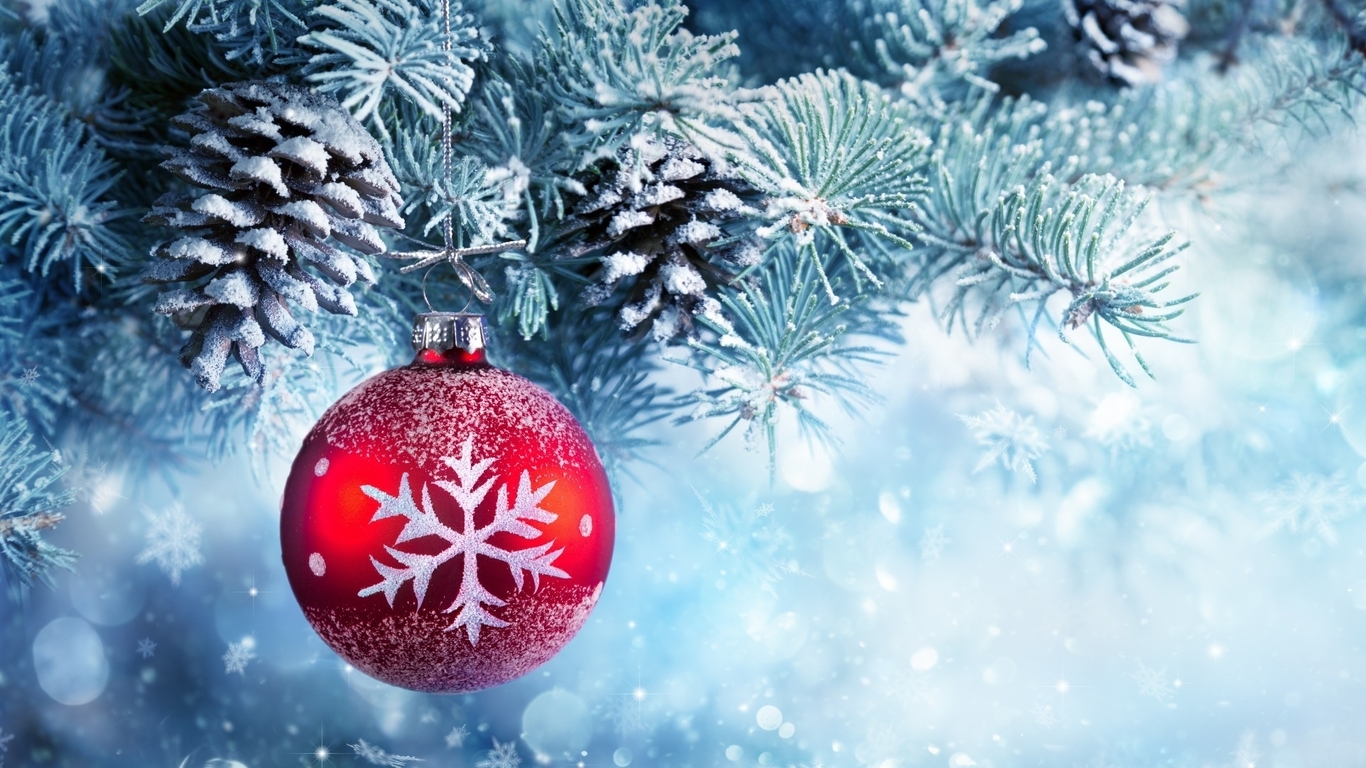 Image: new year, balls, decoration, snowflake, tree, cones